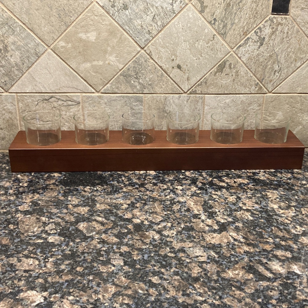 Elegant Brown Wooden Candle Holder with Glass Cups